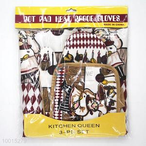 Wholesale A Set of Cartoon Chef Polyester Insulation Mat/<em>Pot</em> Holder，Microwave Oven Glove and Apron