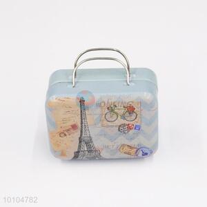 Light blue kids playing tin box with handle/suitcase