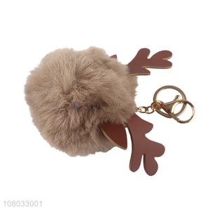 Yiwu wholesale khaki deer horn hair ball keychain pendant
