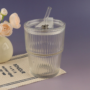 Good Quality 350Ml Clear Glass Ice Coffee Cup with Lid & <em>Straw</em>