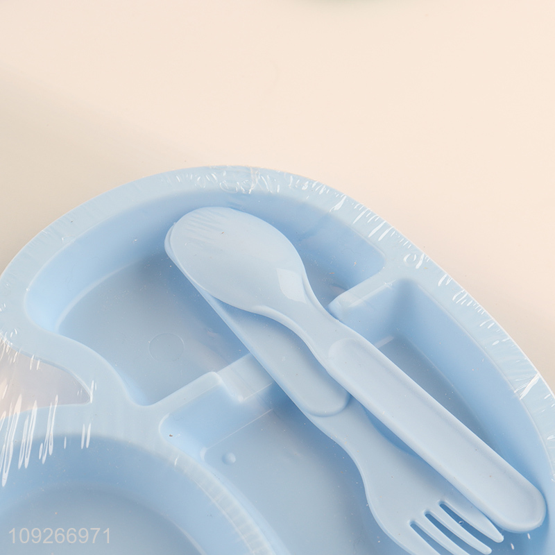 Hot selling duck shape plastic baby dinner plate set with fork and spoon wholesale