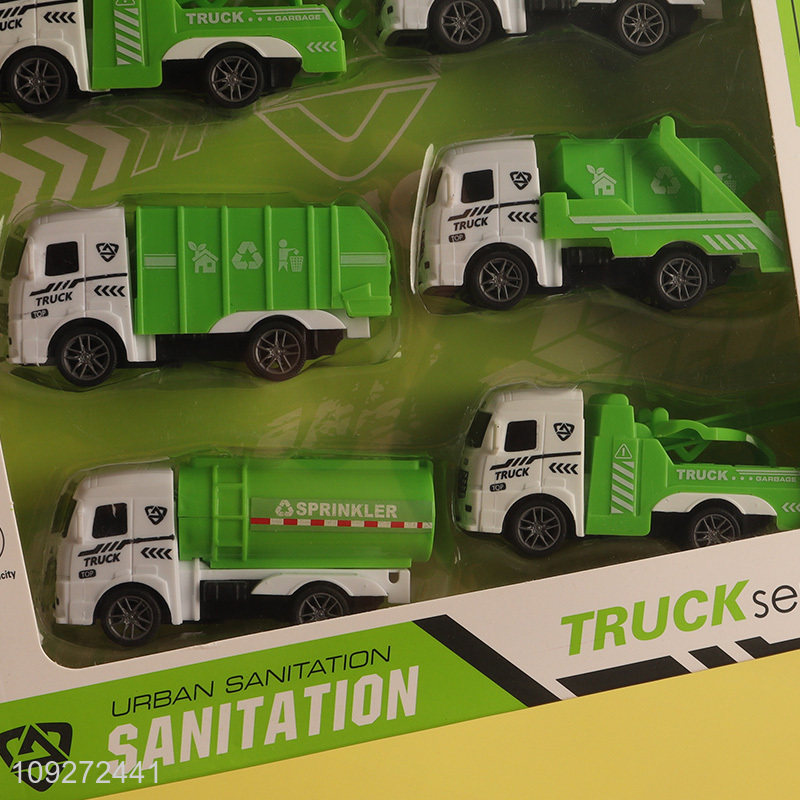 Online wholesale children's toy pull back car set sanitation truck toy